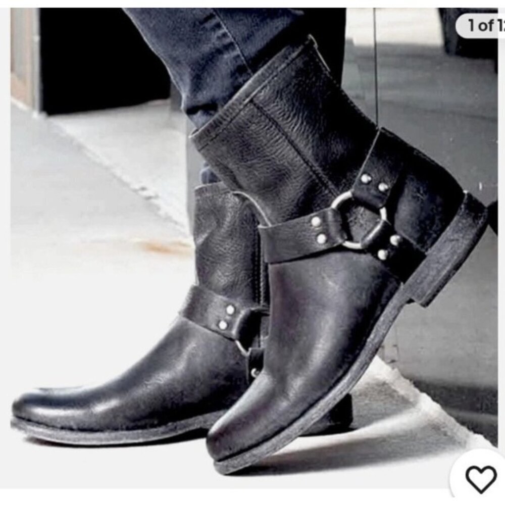 Frye Black Leather Ankle Boots Women 6B Harness Moto Low Heel Zip Booties
